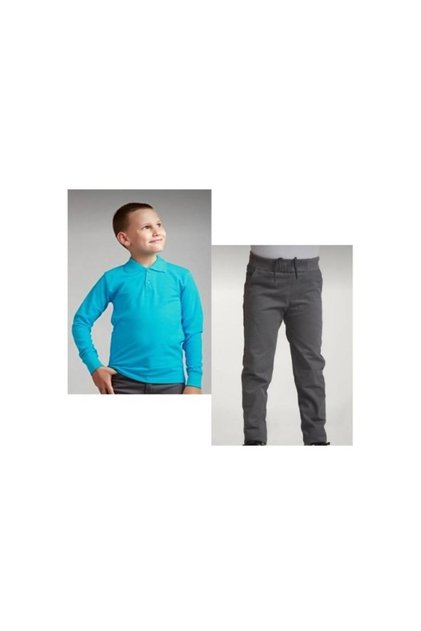 Girl-Boy Gray Ribbed Waist Canvas Pants Turquoise Long Sleeve Polo Collar 100% Cotton Lakos