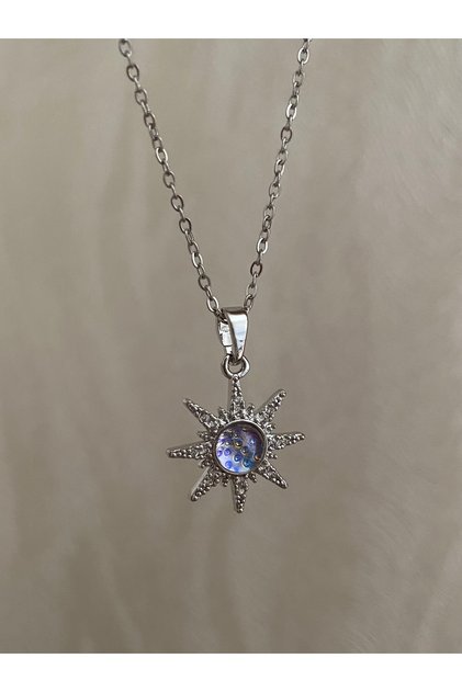Opal Stone Steel Pole Star Necklace (Silver Color)