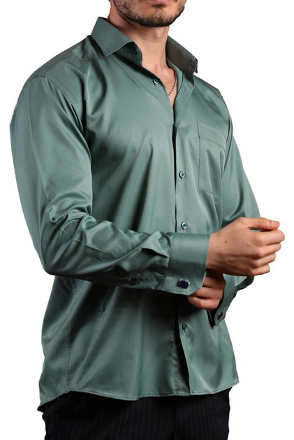 Khaki Green Large Size Relaxed Fit Micro Fabric Cufflink Regular Fit Men's Shirt - 190-19