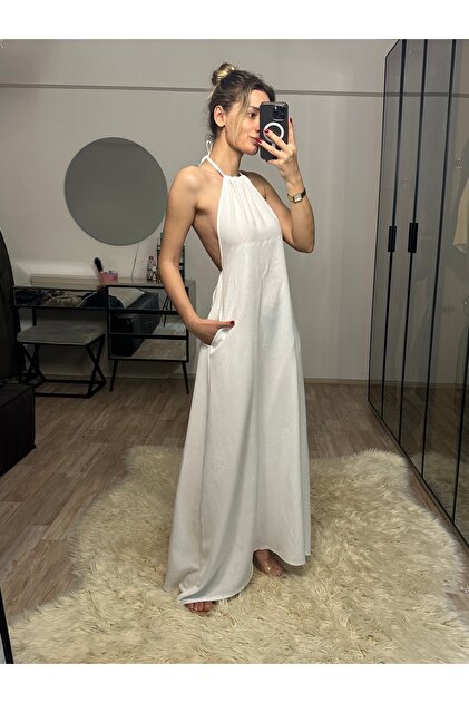 NET OF NOT Cara Beyaz Halter Yaka Sırt Dekolteli %100 Bambu Keten