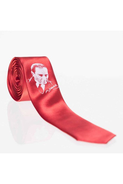 Children's Boy Ataturk and Signature Printed Satin Red Tie - Ck-28
