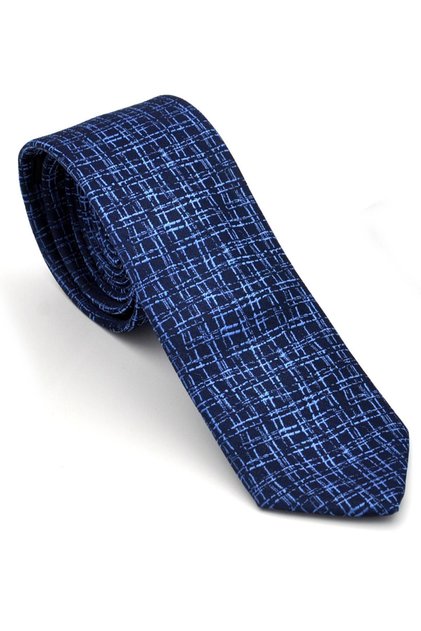 Blue Patterned Navy Blue Woven Fabric Slim Fit Tie with Handkerchief // SDK-240110