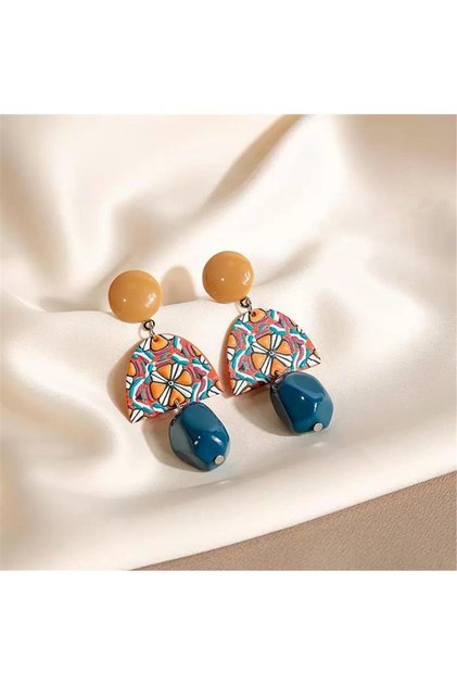 Blue Yellow Ethnic Patterned Earrings