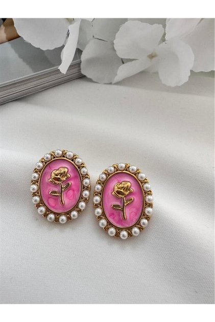 İncili Lale Figürlü Pembe Oval Çelik Küpe