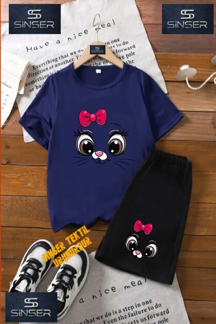Children's "Cat Eye Pink Ribbon" Custom Printed Crew Neck T-Shirt - Shorts Set