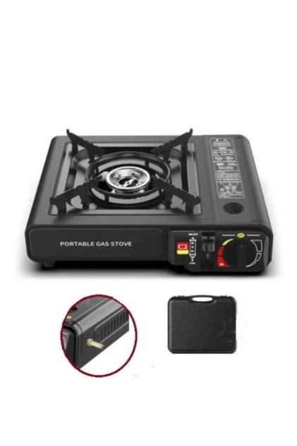Portable gas stove for camping and hiking with a plastic bag for carrying and storage