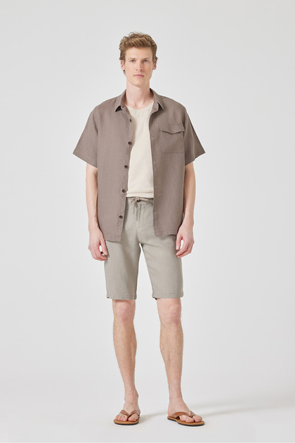 Light Beige Elastic Waist 100% Linen Shorts