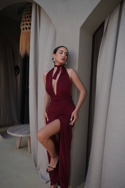 Women's Burgundy Halter Neck Long Dress 0994-2209