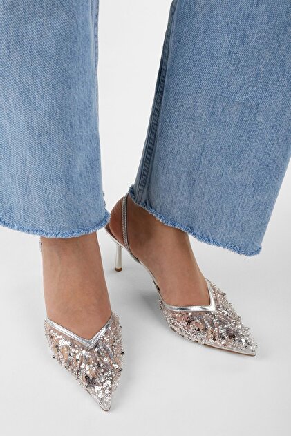 Shoeberry Kadın Melina Gümüş Tül Pul Boncuk İşlemeli Stiletto