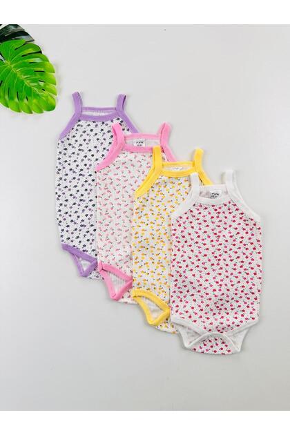 4-Piece Floral Patterned Corded Rope Strap Baby Girl Undershirt Body