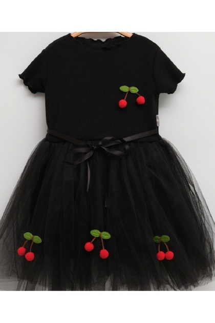 Girl's Dress with Rib Fabric Top and Bottom Lining Tulle Cherry