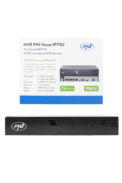 NVR POE PNI House IP710J, 10 канала 4K, 8MP, 4 POE канала и 6 IP канала, черен