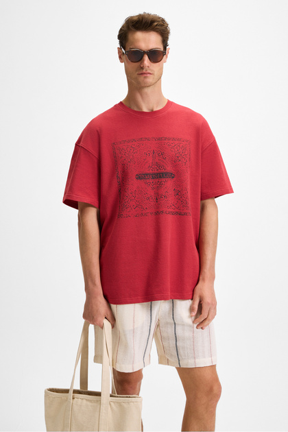 Tempus Men's Print Detailed 100% Organic Cotton Crew Neck Oversize Fit Claret Red T-Shirt