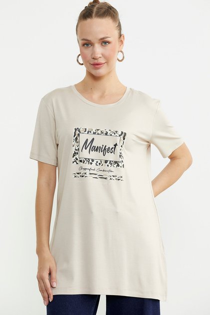 Printed Crew Neck Tunic T-Shirt - Stone