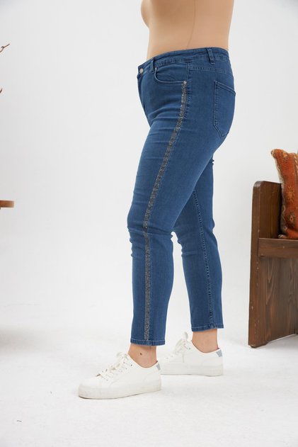 Plus Size Blue Jeans with Stone Stripe Detail on the Sides