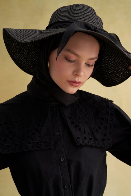 Kurdeleli Hasır Şapka Siyah