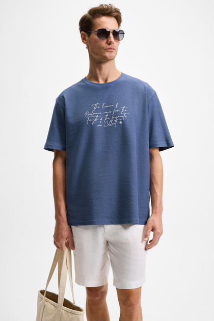 BONDIA Erkek Baskı Detaylı %100 Organik Pamuk Oversize Fit Bisiklet Yakalı Kısa Kollu İndigo T-Shirt