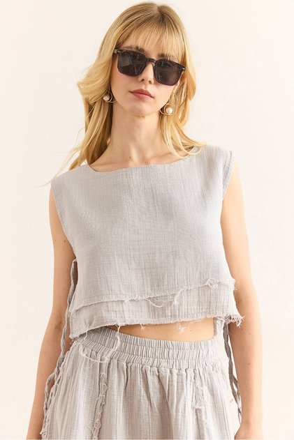 Women's Gray Double Layer Dirty Stitching Lace Detailed Muslin Blouse Blz-19002924