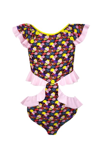 Mesh Pattern Ruffled Cut-Out Girls Swimsuit by Nessi Byrd