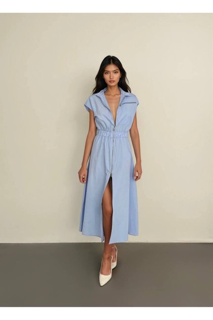 Kadın BebeMavi Beli Lastikli Boydan Fermuarlı Poplin Kumaş Midi Boy Elbise 7272