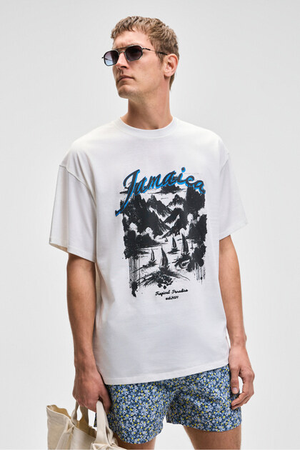 Benfica Men's 100% Organic Cotton Printed Detailed Oversize Short Sleeve Crew Neck White T-Shirt
