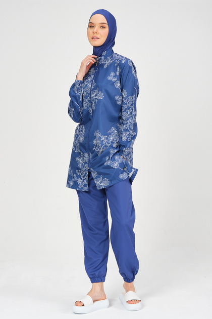 Women's Embroidery Patterned Full Covered Hijab Swimsuit 24235-25 Indigo