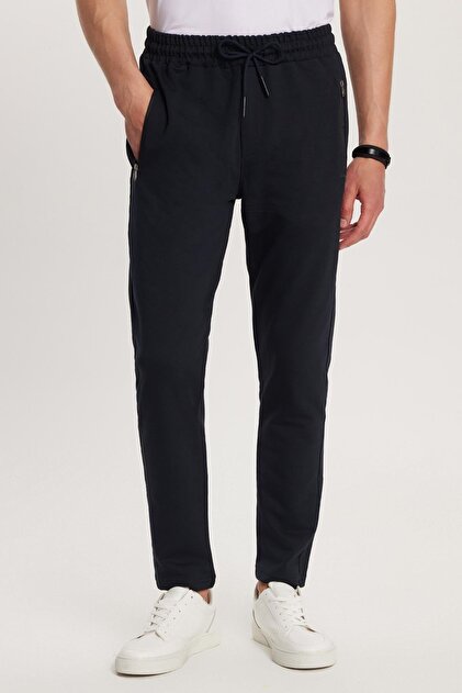 Unisex Standard Fit Cotton 2 Thread Zipper Pocket Elastic Tie Flat Leg Navy Blue Sweatpants