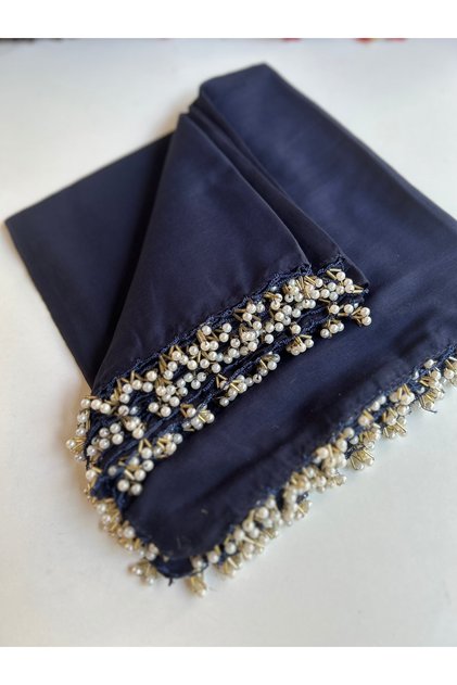 Pearl Beaded Gold Hand Embroidered Scarf Writing 100x100cm