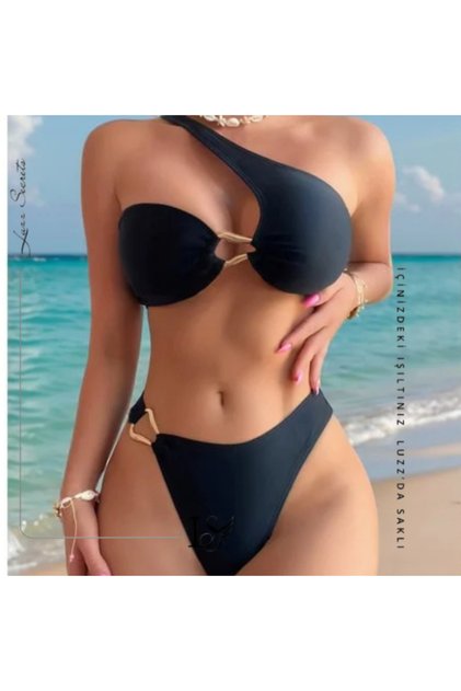 BLACK DESIGN GOLD AKSESUARLI POLIAMID ÖZEL KUMAŞ BOYUN ASKI LUXURY BİKİNİ SETİ