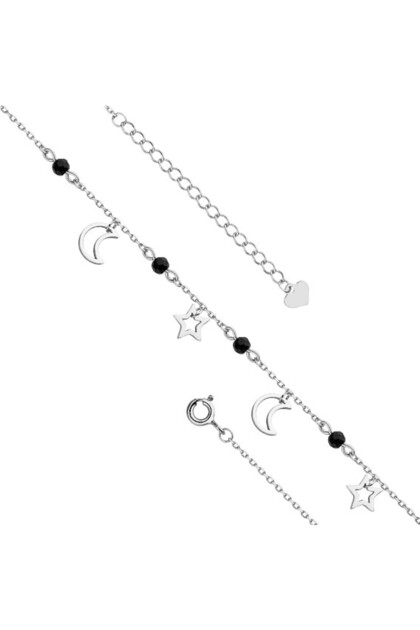 Brățară de gleznă argint 925 damă, model lună și stele, pietre negre, placată cu rodiu, JW519