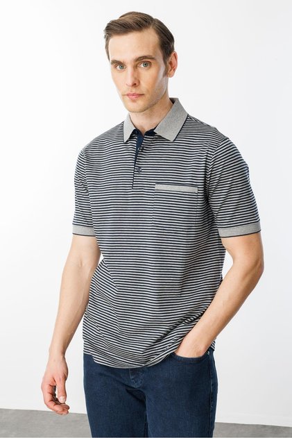 Men's Polo Neck Striped 100% Cotton T-Shirt Gray