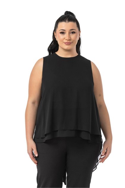 Large Size Back Button Asymmetrical Cut Double Layer Chiffon Black Blouse