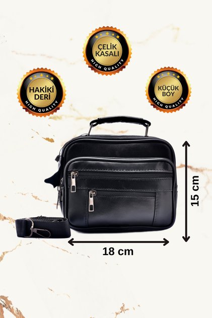 Small Size Black Horizontal Men's Hand and Shoulder Bag with Steel Case (Genuine Leather)
