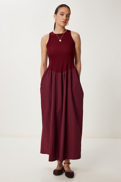 Knitted Top Poplin Skirt Dress Burgundy Lpb0002