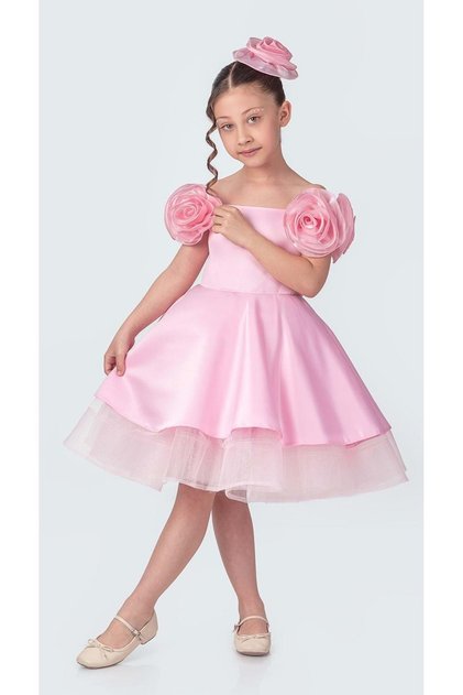 Fanari Krep Saten Gren Destekli Kız Abiye M00735 PEMBE