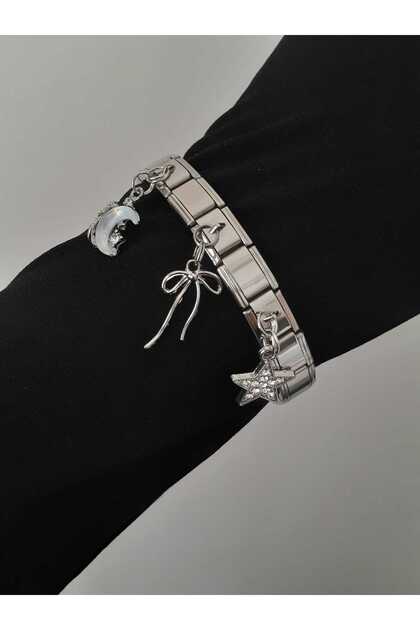 bijoux uniques Ay&Yıldız&Kurdele Figürlü 3lü Çelik İtalyan Charm