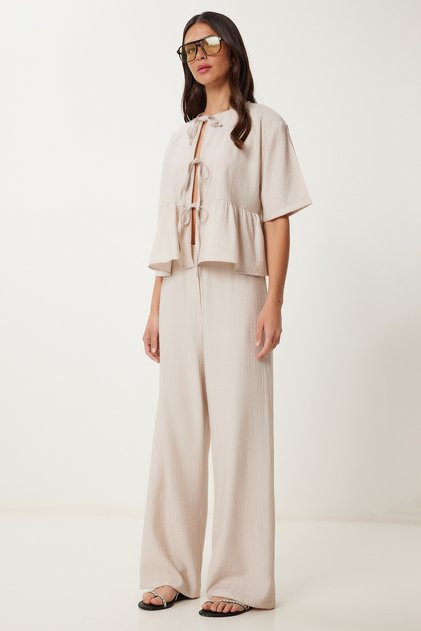 Blouse Trousers Suit with Binding Detail Taş Lrv0099
