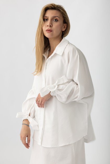 9179 - Loose Tie Sleeve Detailed Women's Shirt Skirt Set