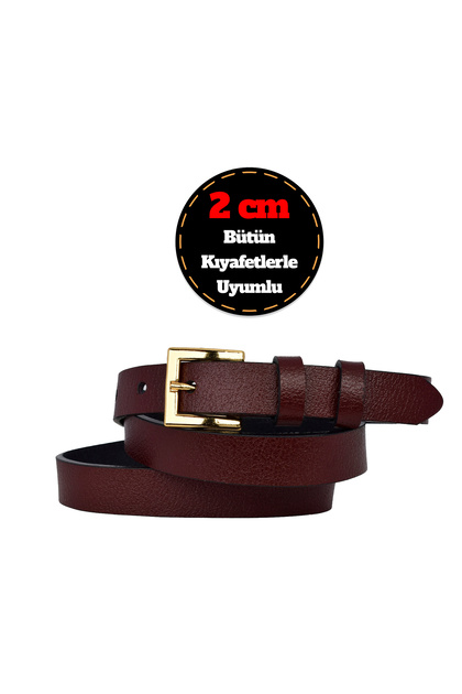 %100 Hakiki Deri, Gold Renk Tokalı İnce 2 cm Bordo Kadın Kemeri; Elbise, Pantolon Kemeri_kare