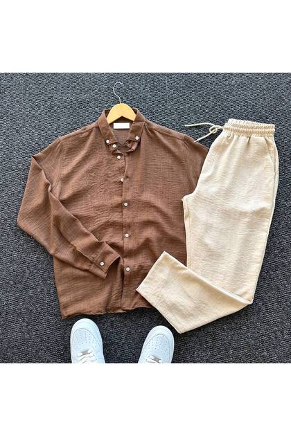 Men's Crinkled Linen Shirt and Trousers 2-Piece Set