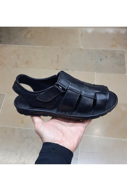 Men's Genuine Leather Orthopedic Soft Foldable Massage Sole Black Sandals