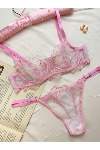 Romantik Çiçek Desenli Transparan Bralet Set
