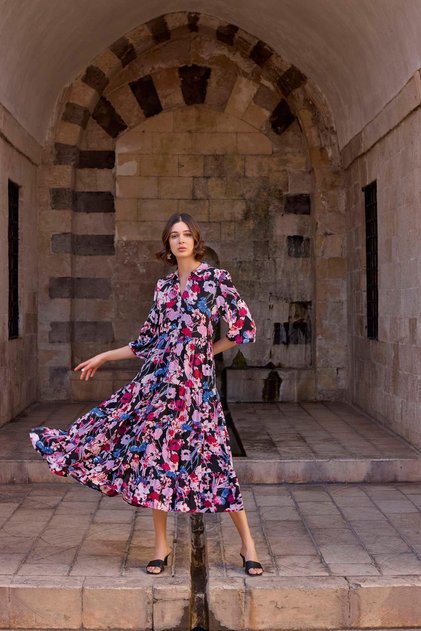 Floral Patterned Shirt Collar Dress