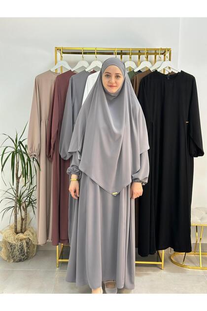 Side Gathered Dress, Souffle Scarf Set, Jilbab, Abaya, Hijab (Suitable for Hajj and Umrah) Gray