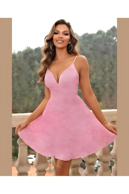 Intive Powder Pink Glitter V Neck Thin Strap Mini Evening Dress/Nightgown