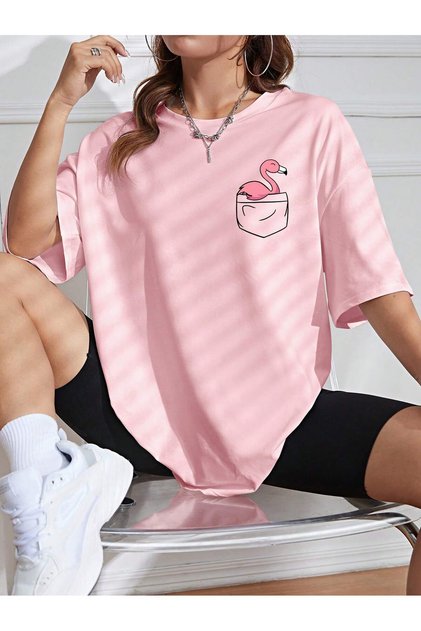 Women's Tiny Flamingo Printed Crew Neck Relaxed Cut T-Shirt