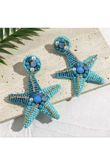 Blue Bead Embroidered Starfish Earrings