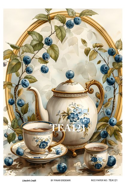 Çay Partisi Serisi TEA121 Fincan, Meyva, Yabanmersini Desenli 29*42 cm Pirinç Dekopaj
