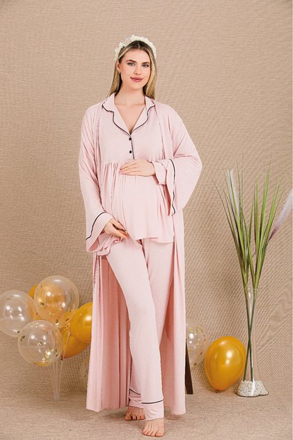 Long Dress, Shirt Collar, Long Sleeve Maternity-Pregnant Pajama Set, Set of 3
