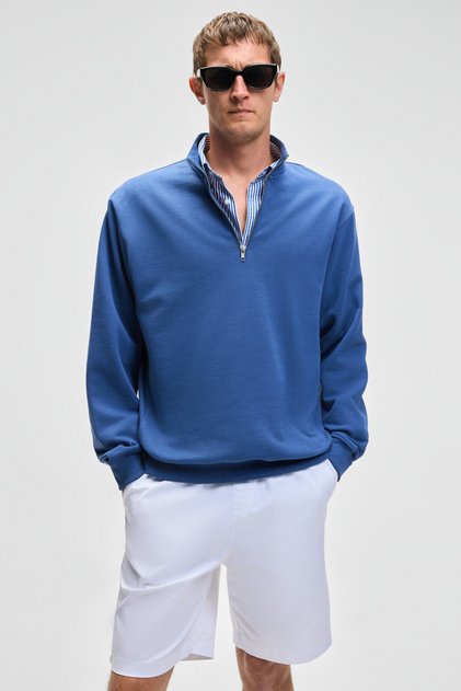 NESTOR Erkek Relaxed Fit Dik Yakalı Yarım Fermuarlı Uzun Kollu Mavi Sweatshirt
